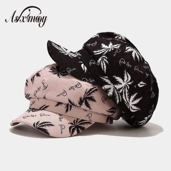 

stingy brim hats autumn winter for women harajuku octagonal sboy caps female retro coconut tree print beret painter cap, Blue;gray