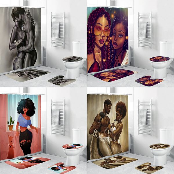 

afro lover girl shower curtain set bath mats rugs african women black man bathroom curtains anti-skid carpet toilet cover
