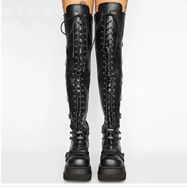 

2020 new arrival brand design female platform thigh high boots fashion buckle punk high heels botas women cosplay wedges shoes1, Black
