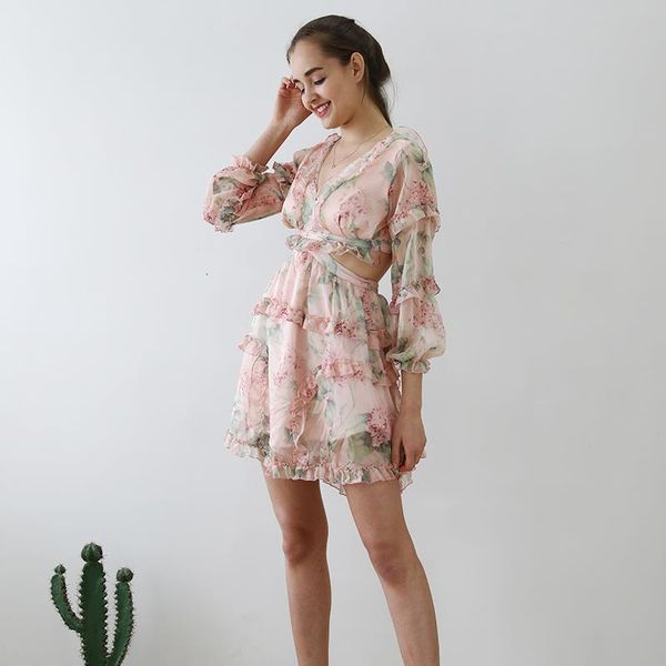 

paris girl print dress female chiffon v neck hollow out lantern sleeve high waist mini dresses summer fashion sweet new, Black;gray