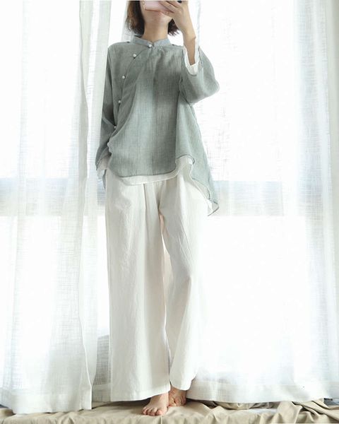

606-0123 zen tea drs hanfu solid color standing collar oblique placket chine style long sleeve shirt, White