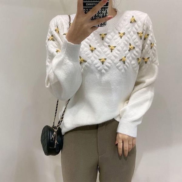 

floral crochet knitted sweater women o-neck long sleeve korean loose autumn winter thicken jumpers warm vintage pullovers x595, White;black