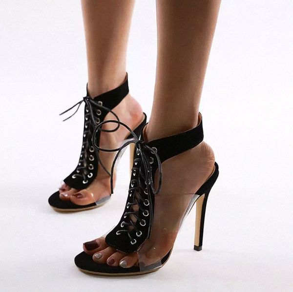 

nuask summer sandals transparent gladiator sandals cross strappy peep toe shoes clear chunky heels women ankle boots shoes #k68h