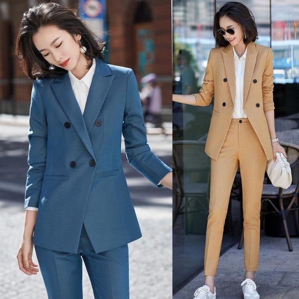 

formal blue yellow blazer women business suits office ladies pant and jackets sets work wear uniforms styles1, White
