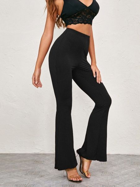 

elastic waist rib-knit flare leg pants t11p#, Black;white