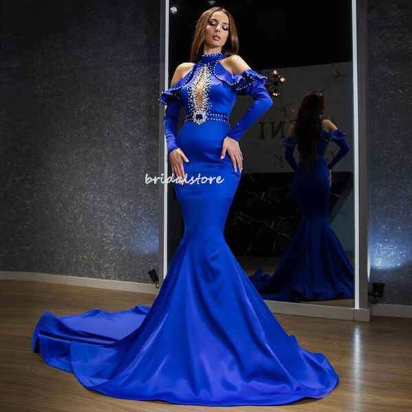 Elegant Royal Blue Long Sleeve Prom Kleider Perlen Hochhals Satin Mermaid Abendkleid 2022 mit Zug ausgestattet Frauen Festzug formelle Anlass Kleid Plus Größe