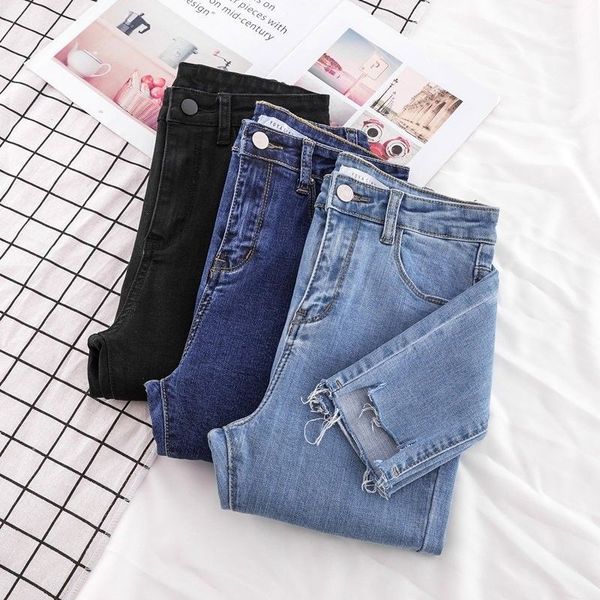 

new skinny pencil female denim blue ripped stretch waist women ankle length slim jeans pants plus size
