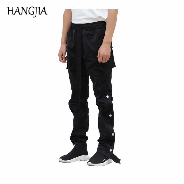 

black cargo pants men's urban hip hop streetwear long straps joggers buttons split sweat pants european american1
