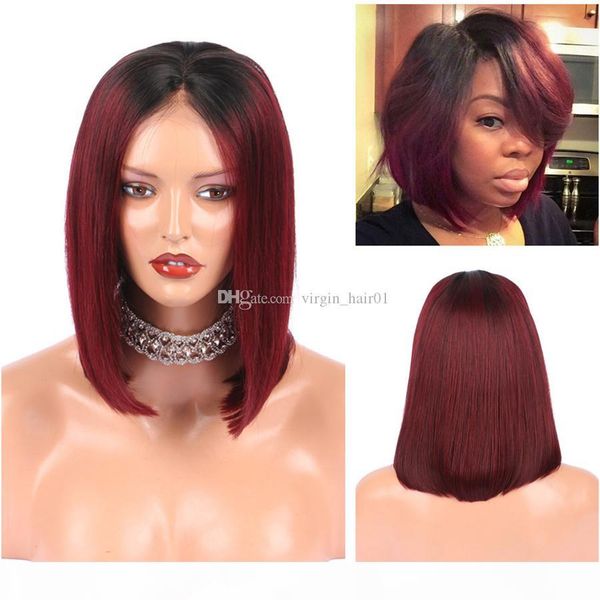 

two tone 99j human hair lace wig wine red silk straight middle part bob wig ombre burgundy full lace wig for black women, Black;brown