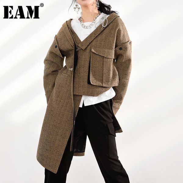 

women's wool & blends [eam] bandage bow rhinestone big size irregualr woolen coat parkas long sleeve women fashion autumn winter 2021 1, Black