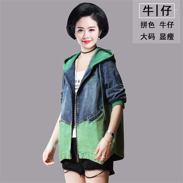 

embroidery fashion hit color denim jacket large size middle-aged ladies windbreaker spring and autumn hooded mujer chaqueta k1561, Black;brown