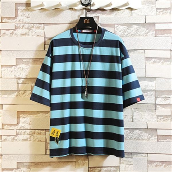 

2021 new summer short sleeves harajuku striped fashion white t-shirt streetwear one piece hip hop punk men tees tshirt clothes e7o1, White;black