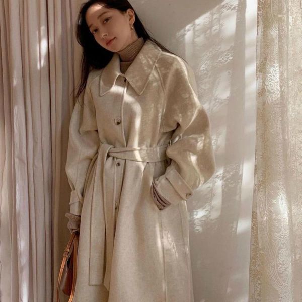 

women winter elegant super long wool coat jacket with waistbelt button up woolen overcoat turn-down collar cardigan outerwear1, Black