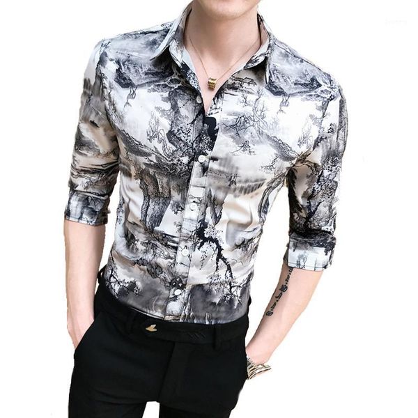 

summer new classical men's clothing male fashion slim ink painting printed half sleeve shirts stylist's night club -3xl1, White;black