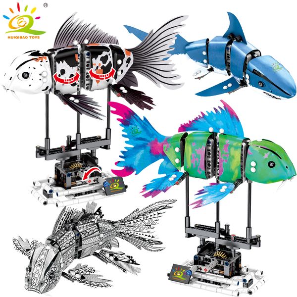 

huiqibao 342pcs simulated animal fish diy model building blocks sets technic ideas city bricks educational toys for children boy 1008