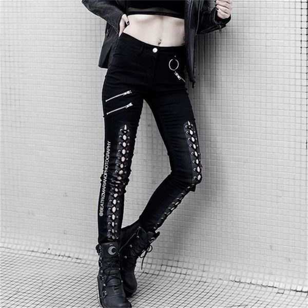 

women jeans casual gothic black chic punk hip hop skinny solid zipper lace up spring 2020 high street female fashion pencil pant, Blue