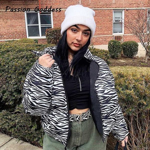 

cute women zebra printed cropped down parka puffle jackets bubble coat parka standard collar oversized short puffer jacket1, Black