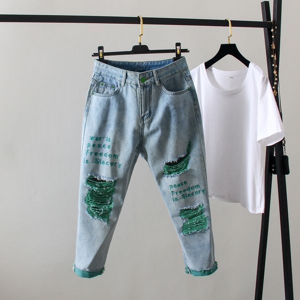

new summer big hole ankle length fashion women destroyed woman ripped denim pants vintage boyfriend jeans harem y200417, Blue