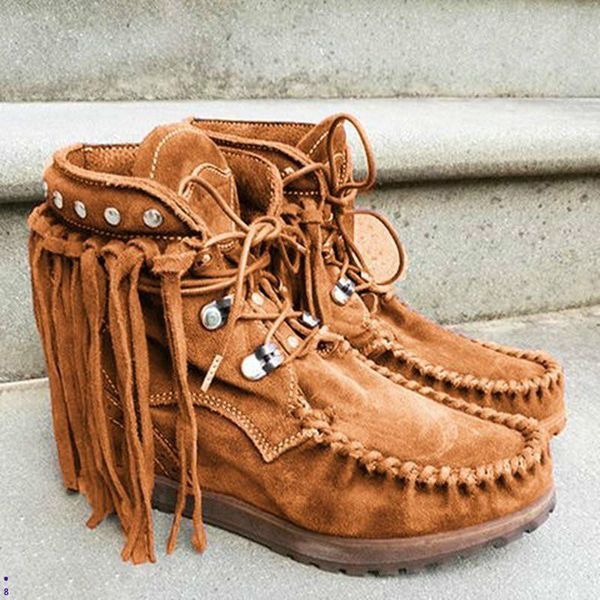 

ankle women boots big size flats shoes booties gladiator vintage faux suede round toe lace up shoe tassels botas mujer, Black