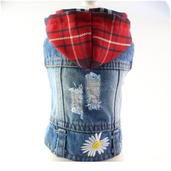 

water wash old jean small dog clothes puppy dog jacket vest cowboy pet coat hole daisy embroidered clothing red plai sqcsim