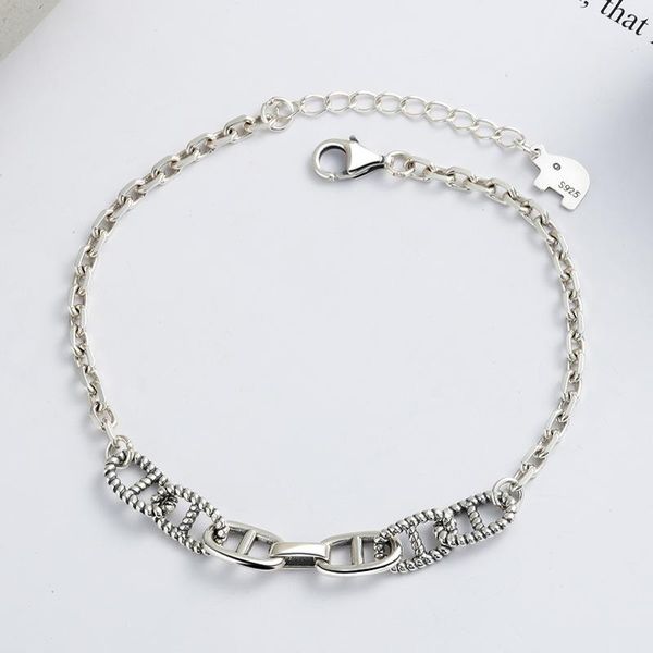 

link, chain s925 sterling pig nose cool hiphop style ie bracelet female students ins niche design cute retro process versatile, Black