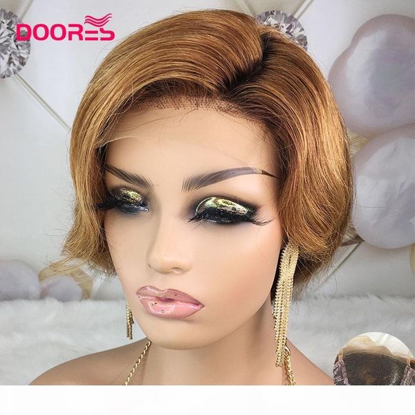 

straight цветные pixie cut парик шнурка 4x4 закрытие парик 150% 180% 250% short bob remy brown омбре человеческих волос парики для женщин m, Black;brown