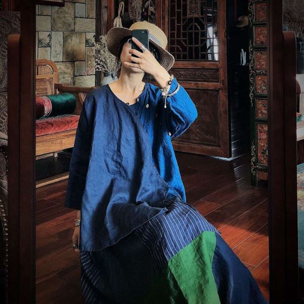 

2020 luogu mud washed pure linen stitching contrast lace up shirt 16441 blue, White