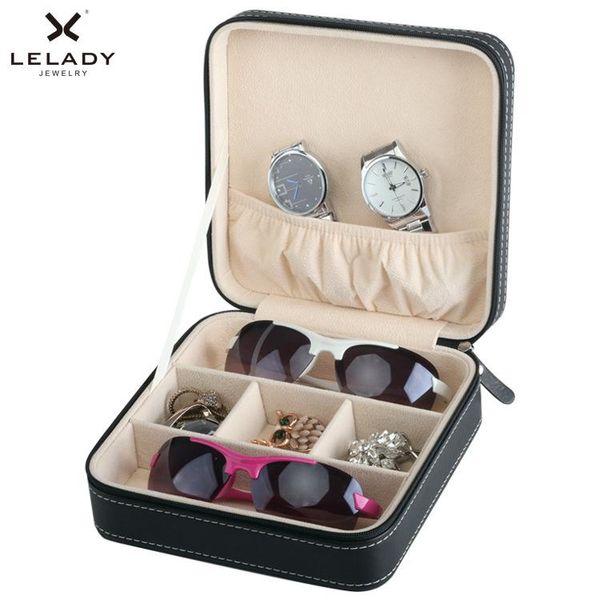 

small jewelry box portable travel leather zipper sunglasses storage box jewelry organizer sub-grid casket adjustable glasses, Pink;blue