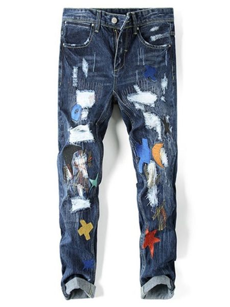 

2021 new men's jeans high street couple concave convex color embroidered hole beggars patch wear small straight pants x02k, Blue
