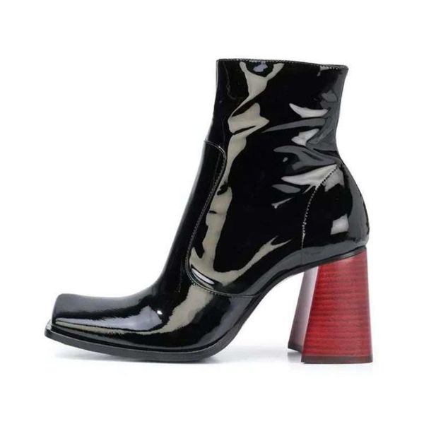 

womens square toe ankle boots patent leather chunky high heel match colors retro shoes black new warm winter