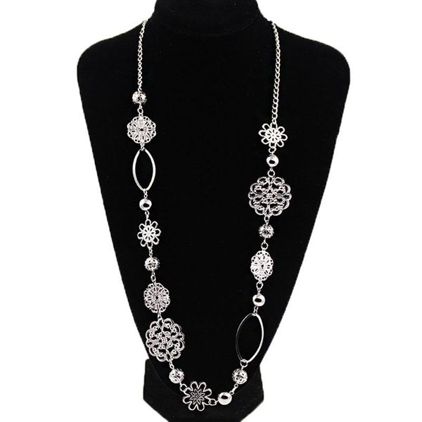 

women statement long necklace bohemian style alloy flower pendat layered vintage long sweater chain jewelry valentine's day, Silver
