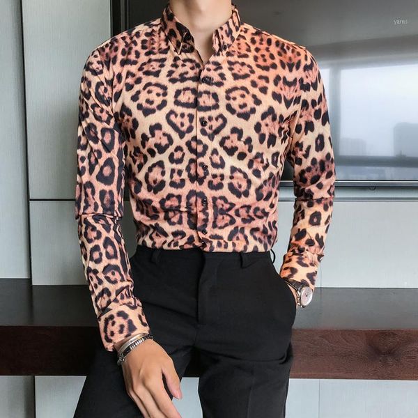 

british style tuxedo fashion leopard print mens casual shirt long sleeve slim fit dress shirts for men night club prom blouses1, White;black