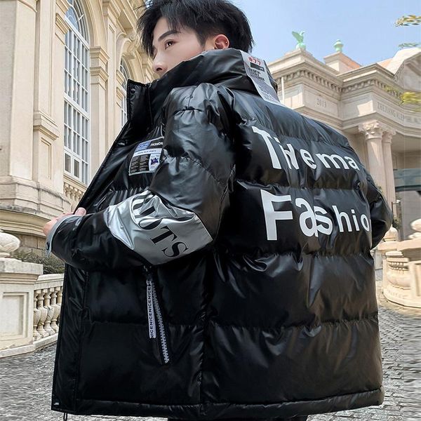 

2020 winter new parka coat men's stand-up collar fashion shiny jacket printing casual warm padded jacket short thick coat men1, Black