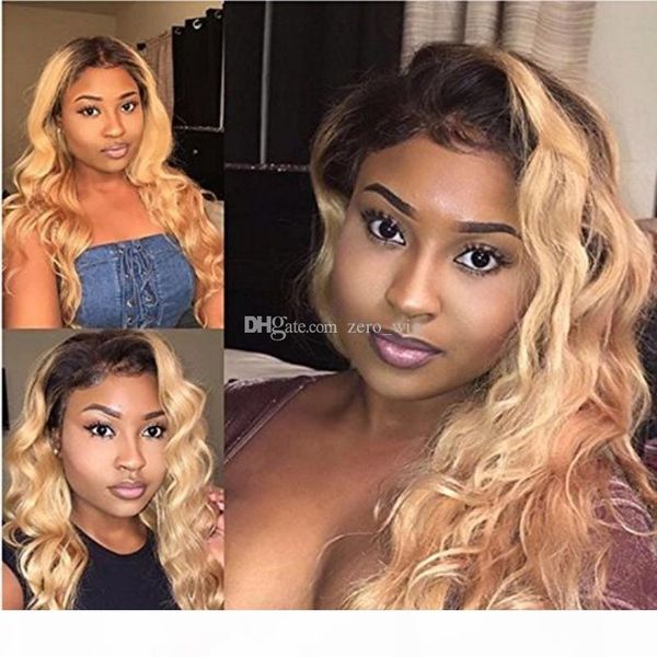 

100% human hair full lace blonde wig ombre color 1b 613 two tone body wave front lace wigs dark root with baby hair, Black;brown