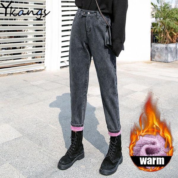 

women's jeans winter plus velvet women high waist thin korean style straight leg pants thickened warm female denim skinny pencil, Blue