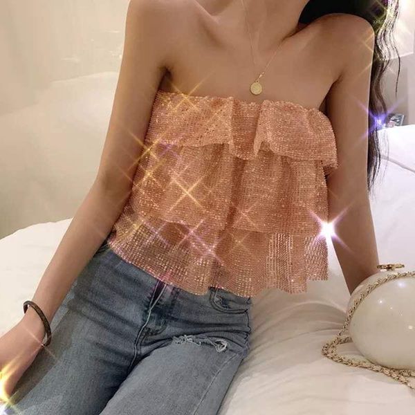 

2020 new wild glitter multi-layer ruffled tube camisole short jacket women1, White