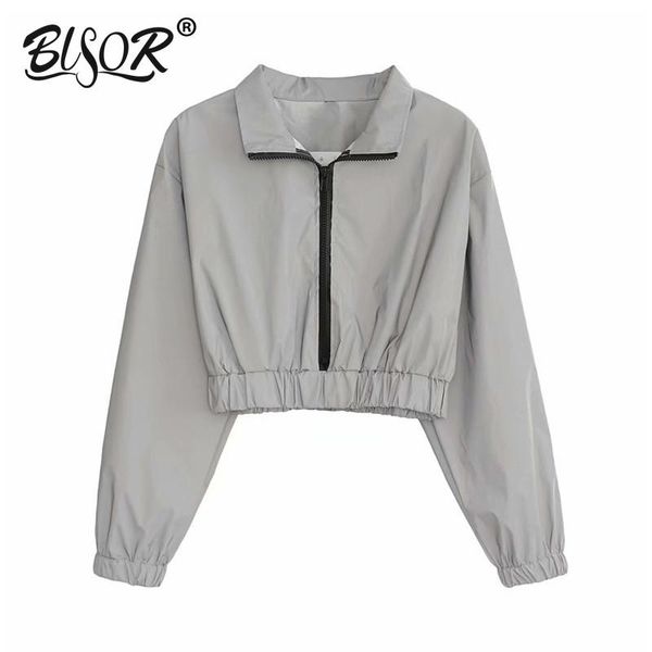 

2020 autumn women fashion reflector short jacket high waist zipper hip hop fashion female loose shine jacket, Black;brown