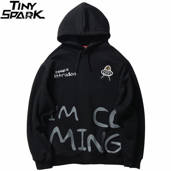

men hip hop streetwear hoodie letter painting print danger intrusion sweatshirt loose cotton fleece pullover black kg-552