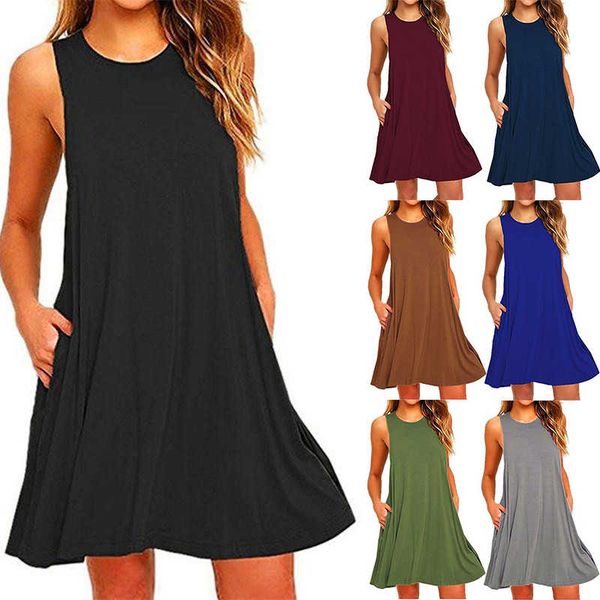 

2021 women's summer casual swing es beach cover up with pockets plus size loose t-shirt, Black;gray
