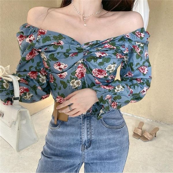 

2021 new puff sleeve floral blouse women spring slash neck chiffon female 2021 new casual ladies party clothes cd5i, White