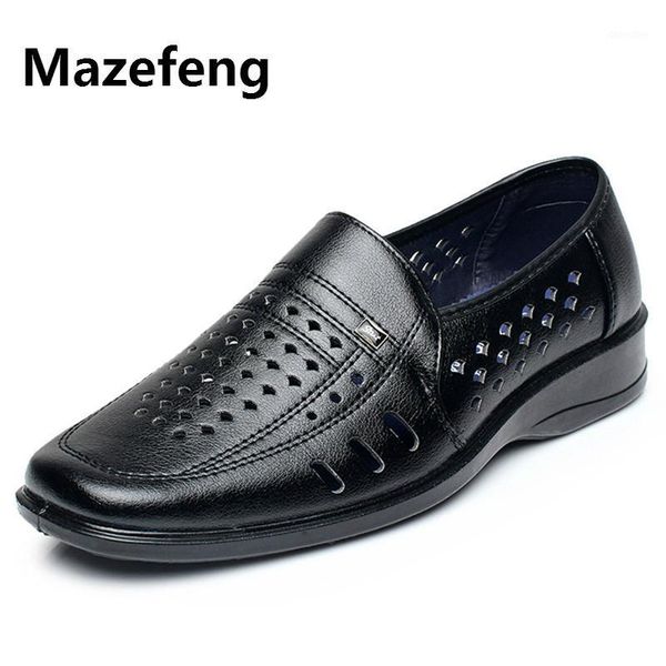 

dress shoes mazefeng 2021 male leather breathable hollow out square toe men lace-up business for males1, Black