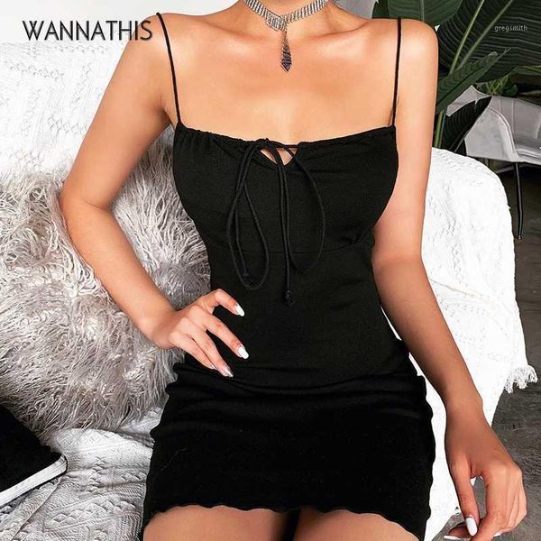

wannathis black cotton front bandage sleeveless spaghetti strap mini dresses skinny elastic ruffles hem basic summer dress1, Black;gray