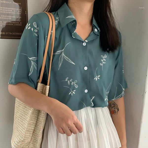 

2020 women's casual loose turn-down collar leaves printed short sleeve single breasted chiffon blouse1, White