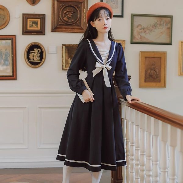 

h7kgc fall 2020 академической бабочка юбки юбки длинной новые высокая талии тонкие женщины длинного рукав длина среднего платья падения aryw, Black;gray