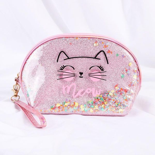 

2020 new style cat printed pvc joint quicksand sequin makeup bag waterproof cosmetics storage bag customizable