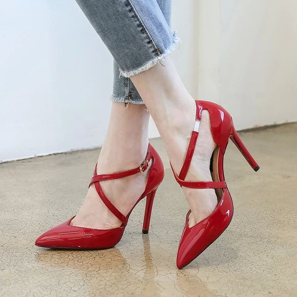

women sandals shoes patent leather pointed toe slingback buckle cross straps high heels cool shoes pumps wedding banquet #li5a, Black