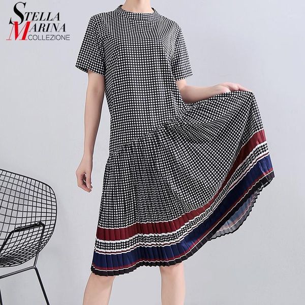 

new 2020 summer collection women stylish short-sleeve casual striped dress dots printed straight lady cute midi dress robe 61801, Black;gray