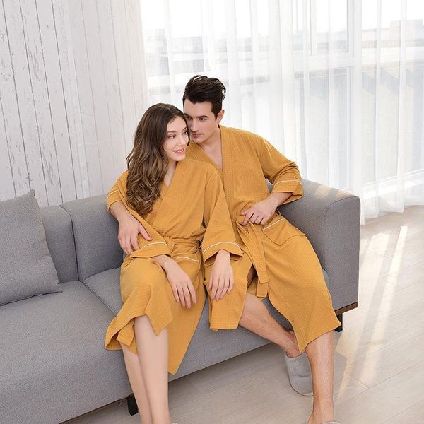

couple spring fall three quarter sleeve v neck ginger waffle sleep robe korean luxury women men bathrobes long comfort housecoat1, Black;brown