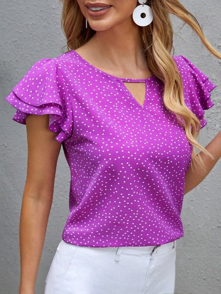 

polka dot print keyhole neck layered ruffle cuff r3j2#, White