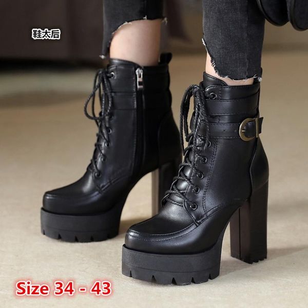 

boots woman high heel platform heels for women shoes spring autumn ankle booties female big size 34 - 43, Black